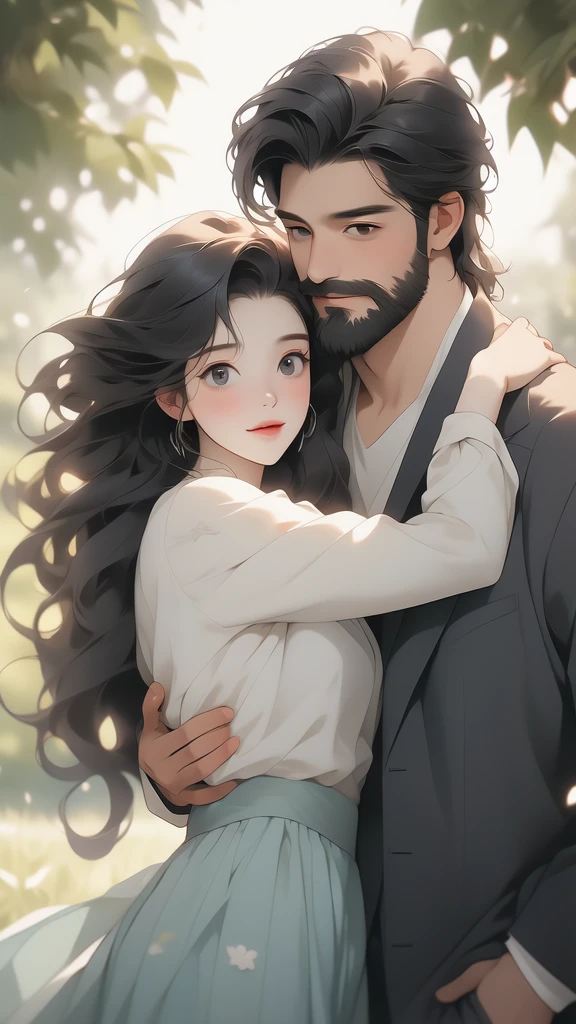 a woman and a man are hugging while posing for the camera near a tree, 1girl, 1boy, facial hair, tree, black hair, beard