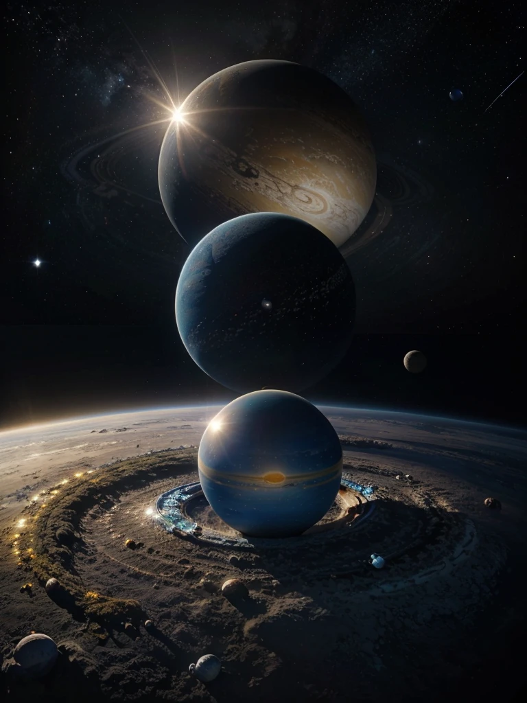 Create a realistic planet in space, a beautiful large sphere with blue being the main color, surrounded by several rings that resemble those of Saturn, This planet must have a unique designer and must be very beautiful, their rings are different and they circle him. Around it other planets in the background and a beautiful yellow star that resembles the sun but is different. everything realistic.