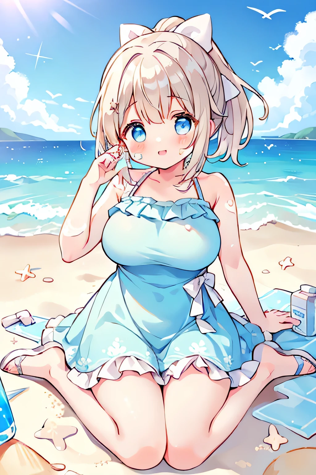 Highest quality、High resolution、Detailed Background、(Beautiful face in every detail:1.4)、Anatomically correct、(Normal number of fingers:1.2)、Detailed eyes、Teenage beauty、Highly detailed face、(Huge breasts:1.2)、Perfect body line、Light color hair、Bobcut、ponytail、Twin tails、cute hairstyle、well-groomed eyebrows、cute gesture、Natural beauty、A big smile、smile、Cowboy Shot、
(Girls applying sunscreen on the beach:1.5)、
A beach with white sand、The blue sky and blue sea spread out before you, and a pleasant sea breeze blows.、A girl is sitting with her friends、Holding a bottle of sunscreen in her hand, she carefully applies it to her friend's back.、The girl's friend also faces her and paints each other's backs.、The two of them are applying sunscreen with serious expressions.、The two of them are having fun on the sunny beach, being careful not to get sunburned.、It's a peaceful scene that captures the kindness of the girls in the open air of the beach.、
The swimsuit itself is a light blue one-piece with frills.、The frills and ribbons give it a feminine look.、Sandals are thick-soled、We recommend unique designs with vivid colors and floral patterns.、cute