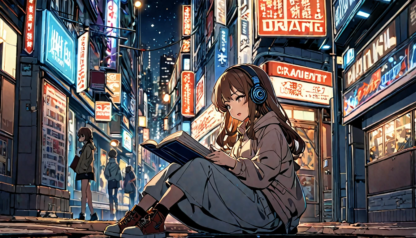 Brown-haired girl wearing headphones、Night lights - very detailed、masterpiece, Highest quality, Bright - Night city lights in the background、Relaxed facial expression、Casual clothing、Reading a book under the street lamp
(Detailed fingers), (Emotional), (Breathtakingly beautiful), (main part:1.2) whole body.), (Anime Style), (Very detailed), (Brutal), (超High resolution, High resolution), (8k), (High resolution: 1.2), (Complex and beautiful: 1.2)