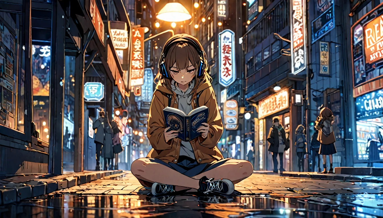 Brown-haired girl wearing headphones、Night lights - very detailed、masterpiece, Highest quality, Bright - Night city lights in the background、Relaxed facial expression、Casual clothing、Reading a book under the street lamp
(Detailed fingers), (Emotional), (Breathtakingly beautiful), (main part:1.2) whole body.), (Anime Style), (Very detailed), (Brutal), (超High resolution, High resolution), (8k), (High resolution: 1.2), (Complex and beautiful: 1.2)