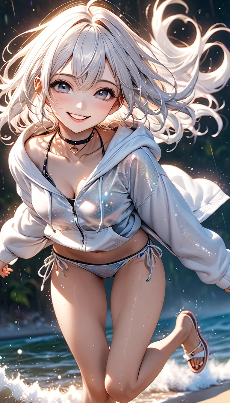 cute woman, amorous and lewd face, smiling, make-up, beautiful messy white wavy hair, great proportion, wearing bikini, loose hoodie, choker, jumping and running, (ultra detailed, absolutely resolution, best quality:1.3), 2.5D, delicate and dynamic, hyper realistic, artistic photography, graphic CG digital art, shading effects, glitter effects, foggy effects, sunlight effects, background sandy beach, sunny