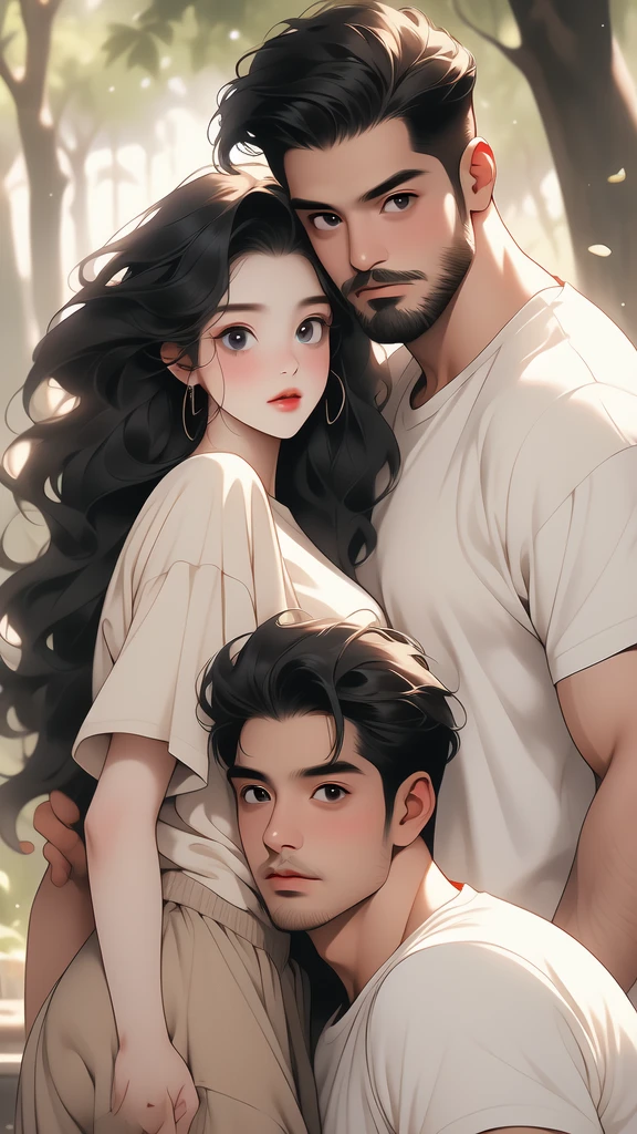 a woman in beige wearing a white t - shirt posing for a picture next to a man wearing black, 1girl, 1boy, facial hair, tree, black hair, beard