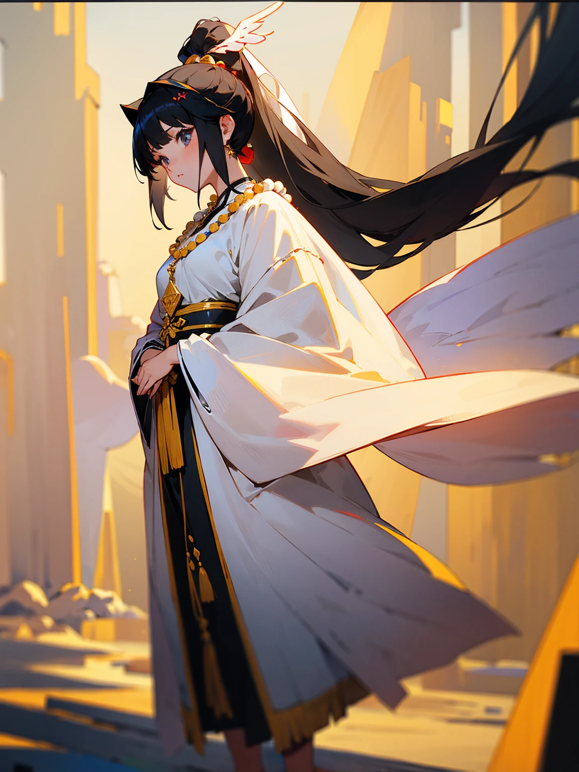 Young female, black hair in a high ponytail, angelic priestess robe, serene look, standing on path, with a beaded necklace