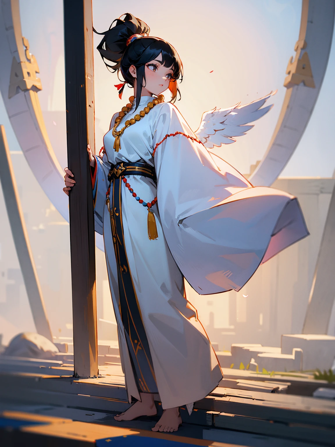 Young female, black hair in a high ponytail, angelic priestess robe, serene look, standing on path, with a beaded necklace