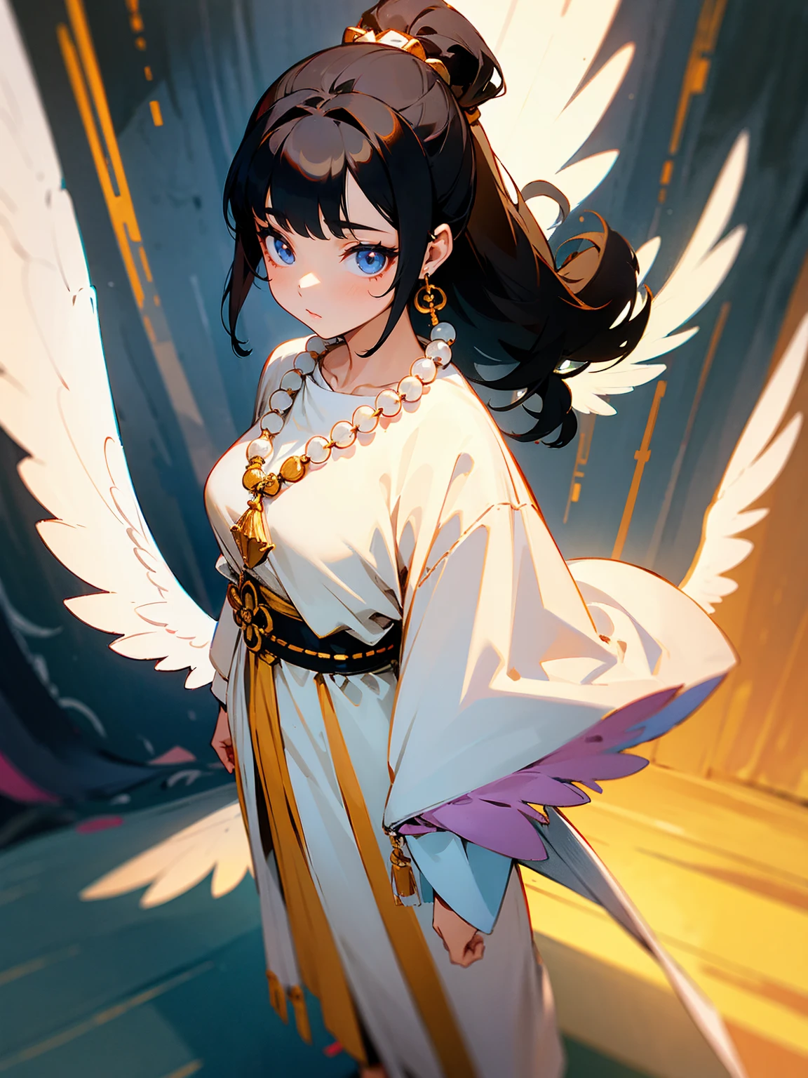 Young female, black hair in a high ponytail, angelic priestess robe, serene look, standing on path, with a beaded necklace