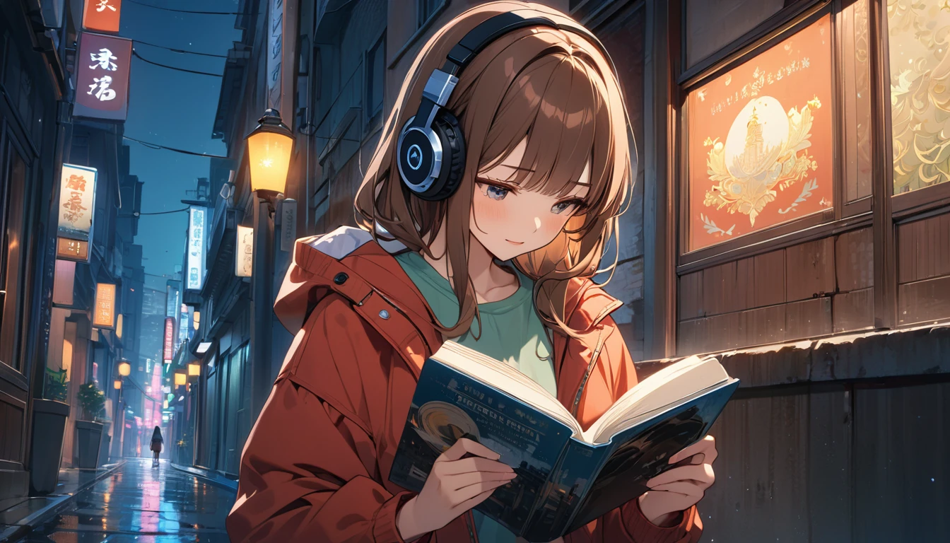 Brown-haired girl wearing headphones、Night lights - very detailed、masterpiece, Highest quality, Bright - Night city lights in the background、Relaxed  expression、Casual clothing、Reading a book under the street lamp
(Detailed fingers), (Emotional), (Breathtakingly beautiful), (main part:1.2) whole body.), (Anime Style), (Very detailed), (Brutal), (超High resolution, High resolution), (8k), (High resolution: 1.2), (Complex and beautiful: 1.2)
