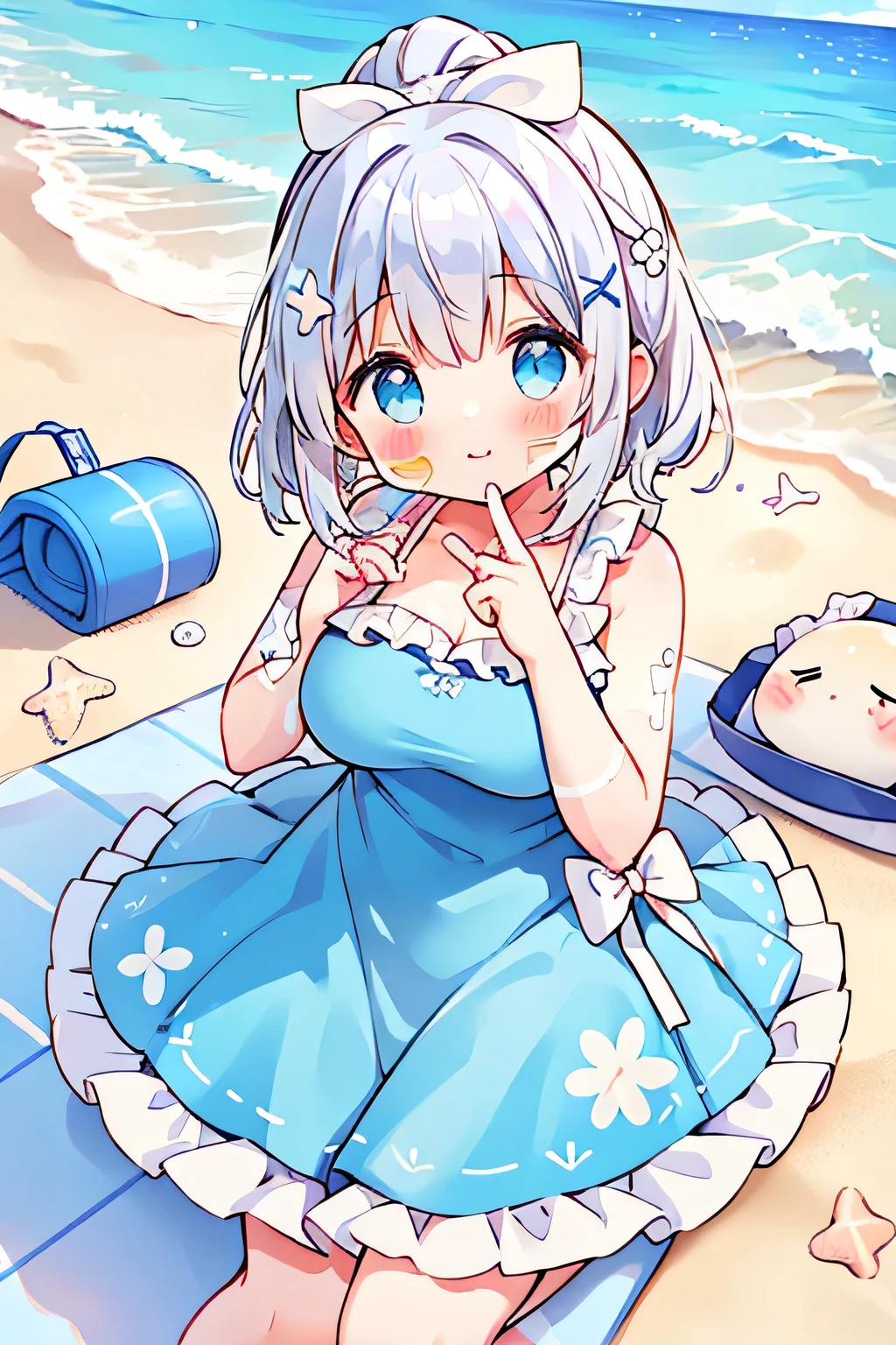 Highest quality、High resolution、Detailed Background、(Beautiful face in every detail:1.4)、Anatomically correct、(Normal number of fingers:1.2)、Detailed eyes、Teenage beauty、Highly detailed face、(Huge breasts:1.2)、Perfect body line、Light color hair、Bobcut、ponytail、Twin tails、cute hairstyle、well-groomed eyebrows、cute gesture、Natural beauty、A big smile、smile、Cowboy Shot、

(Girls applying sunscreen on the beach:1.5)、

A beach with white sand、The blue sky and blue sea spread out before you, and a pleasant sea breeze blows.、A girl is sitting with her friends、Holding a bottle of sunscreen in her hand, she carefully applies it to her friend&#39;s back.、The girl&#39;s friend also faces her and paints each other&#39;s backs.、The two of them are applying sunscreen with serious expressions.、The two of them are having fun on the sunny beach, being careful not to get sunburned.、It&#39;s a peaceful scene that captures the kindness of the girls in the open air of the beach.、
The swimsuit itself is a light blue one-piece with frills.、The frills and ribbons give it a feminine look.、Sandals are thick-soled、We recommend unique designs with vivid colors and floral patterns.、cute