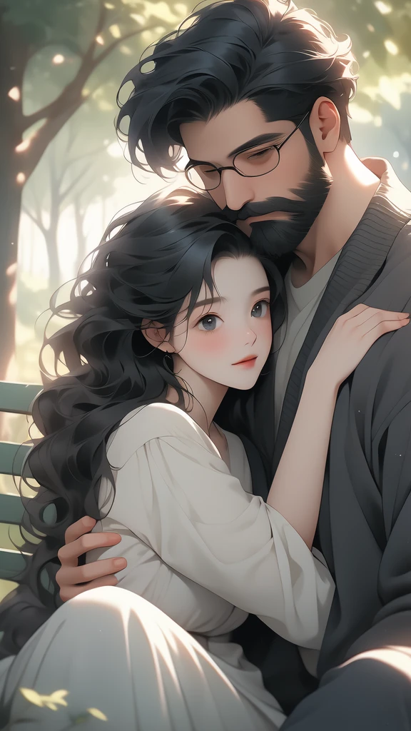 a woman hugging a man on a park bench near him and trees, 1girl, 1boy, facial hair, tree, black hair, beard