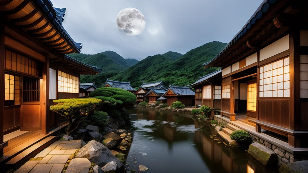 Japanese Village , Fantasy , rain , night , Blue Full Moon