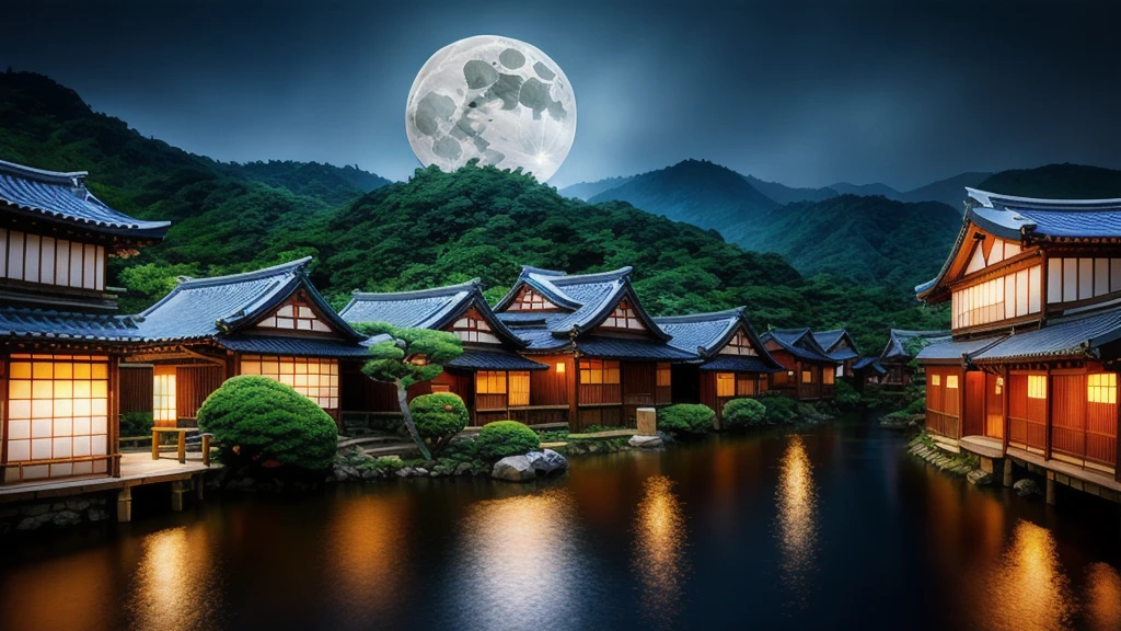 Japanese Village , Fantasy , rain , night , Blue Full Moon