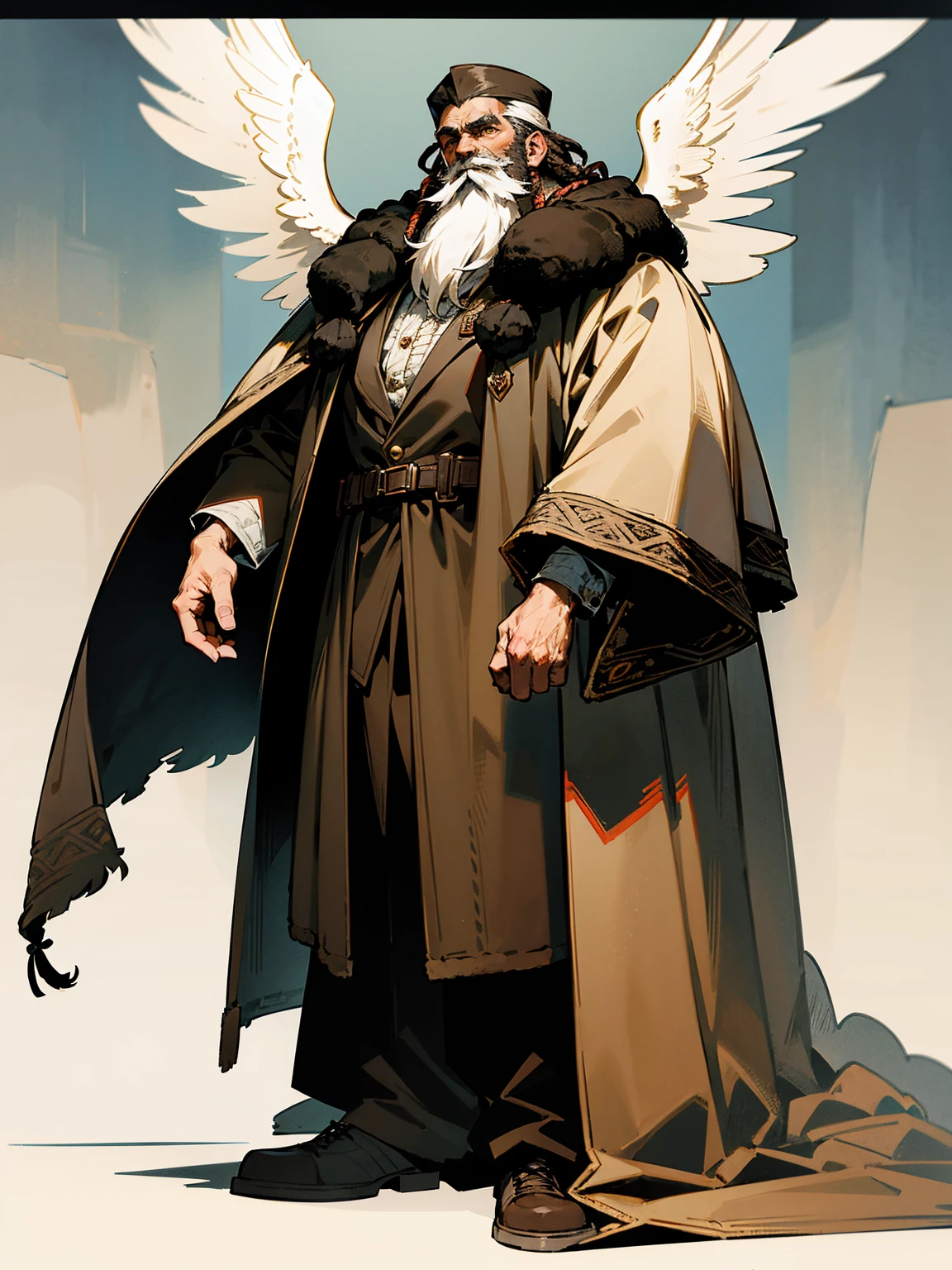 Middle-aged male, rugged appearance with dreadlocks, thick beard, angelic fur-lined coat, watchful eyes, standing on path, with a fur cape