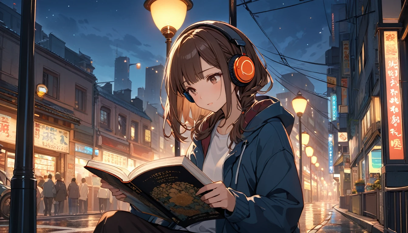 Brown-haired girl wearing headphones、Night lights - very detailed、masterpiece, Highest quality, Bright - Night city lights in the background、Relaxed facial expression、Casual clothing、Reading a book under the street lamp
(Detailed fingers), (Emotional), (Breathtakingly beautiful), (main part:1.2) whole body.), (Anime Style), (Very detailed), (Brutal), (超High resolution, High resolution), (8k), (High resolution: 1.2), (Complex and beautiful: 1.2)