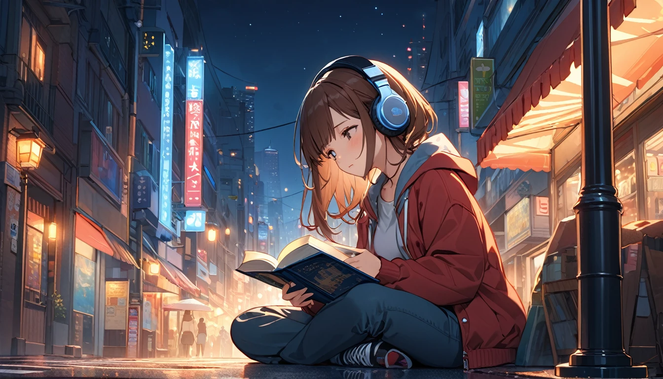 Brown-haired girl wearing headphones、Night lights - very detailed、masterpiece, Highest quality, Bright - Night city lights in the background、Relaxed facial expression、Casual clothing、Reading a book under the street lamp
(Detailed fingers), (Emotional), (Breathtakingly beautiful), (main part:1.2) whole body.), (Anime Style), (Very detailed), (Brutal), (超High resolution, High resolution), (8k), (High resolution: 1.2), (Complex and beautiful: 1.2)
