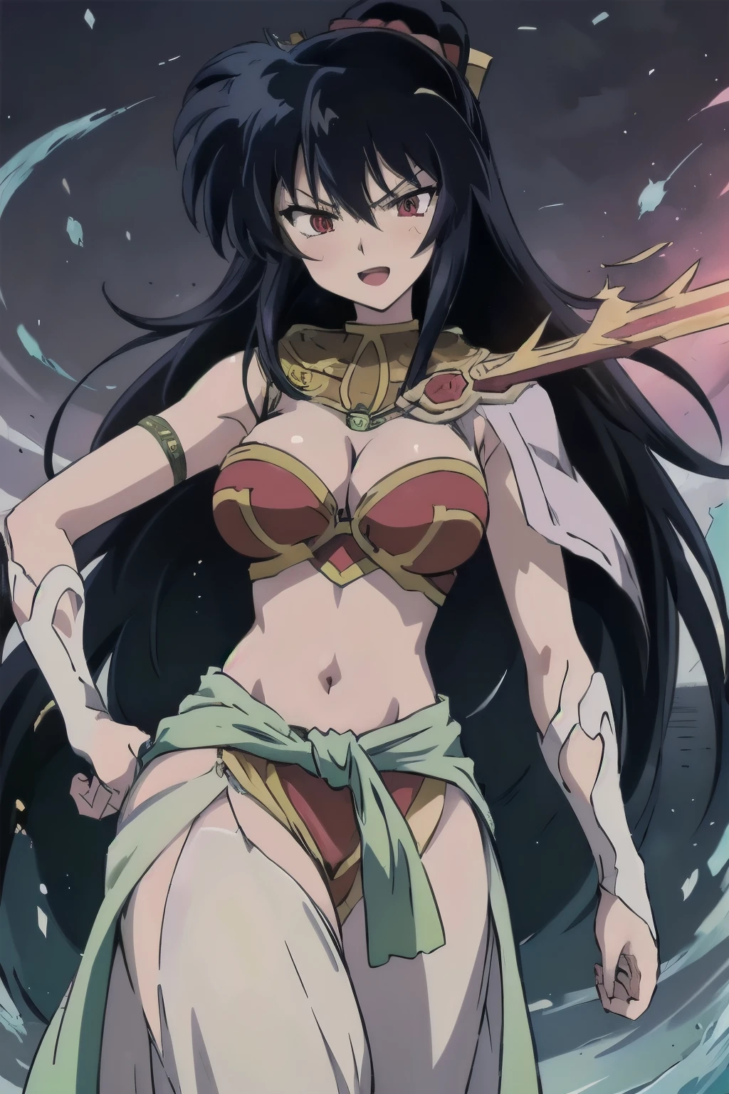 ABI_HIME, 1GIRL, SOLO, LONG HAIR, BLACK HAIR, RED EYES, 1girl, solo, smile, blush, lipstick, long hair, crazy eyes ,Hot girl, baddie, staring, glaring, bad attitude, mean girl, crazy, sensual, attractive, masterpiece, best quality, highly detailed, fantasy , a anime girls in armored dress holding a sword
posing for a picture, evil smile, smile, open mouth, breastplate with open cleavage, cleavage, warrior
outfit, ecchi anime style, anime girls, ecchi style, (nsfw) not safe for work, ecchi, digital anime art!!, in
anime style, official artwork, visual novel cg, beautiful anime girl, anime style 4 k , loincloth, exposed
belly, exposed navel, exposed midriff, exposed lower belly, pencil skirt armored, castle,inside castle