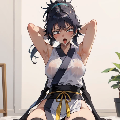 1girl, (ahegao),(muscle1.4), (masterpiece:1.3), (high resolution), (8K), (extremely detailed), (4k), (pixiv), perfect face, nice eyes and face, (best quality), (super detailed), detailed face and eyes, (solo), textured skin, absurdres, highres, wzkomachine, white eyes, Small breasts, sash, bike shorts, short sleeves, bangs, black gloves, fingerless gloves, long hair, black hair,ponytail, japanese clothes, kimono, sitting on floor, looking at viewer,Nipple exposure,Sexy, flirtatious, Solitary, eternity, - Hip vents, No underwear,No eyeballs, Also available in black, low twin braids,Facing the audience, looking at the audience, tired, from below, (Exposed armpit:1.1), ((armpit:1.2)), sexy, Sweating, More and more sweat,(ahegao), (Roll your eyes), Naughty face, blush, open mouth, Sticking out tongue, saliva, Slobber,Skinny, raise arms, (arms above head:1.5)
