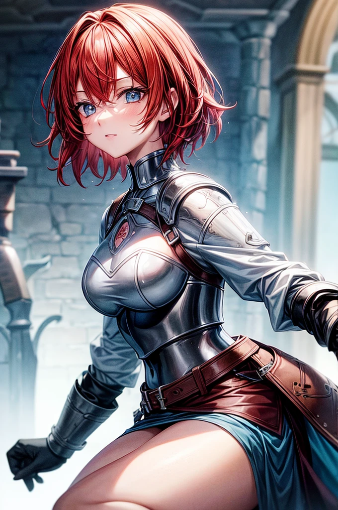 redhead girl with short hair light blue eyes in medieval metal armor