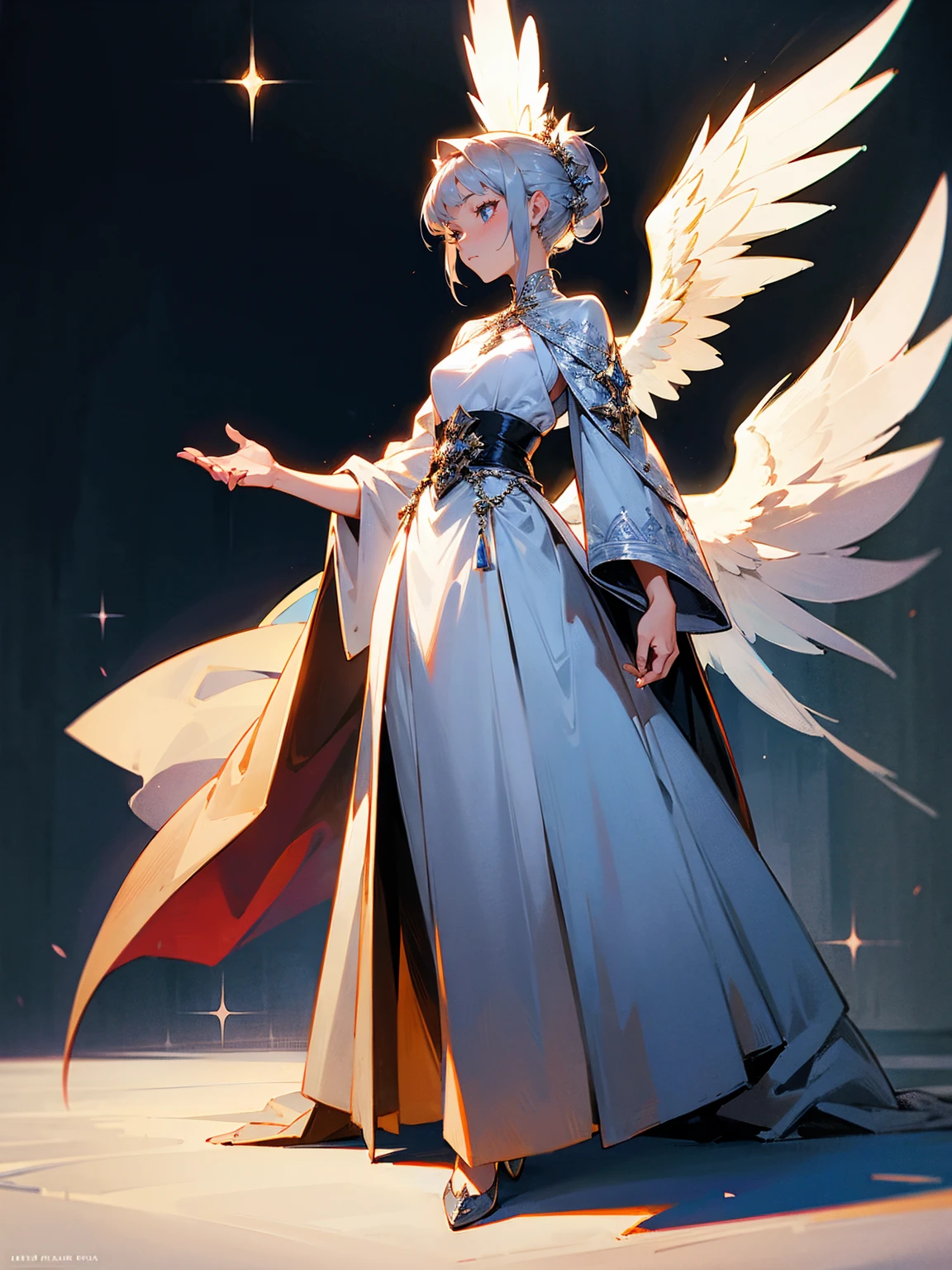 Older female, silver hair in a chignon, regal gown, angel, dignified expression, standing on path, with a jeweled belt