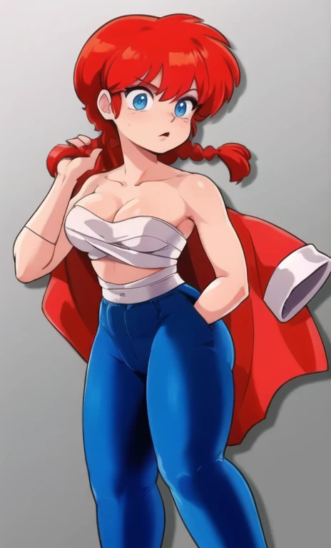 Ranmachan, Red hair, Braided hair, blue eyes, detailed eyes, Whole body, woman with a red cape and blue pants, ella tiene el Red hair, blessing as a blouse, bandaging on the breasts, bandaging on the breasts, sexy