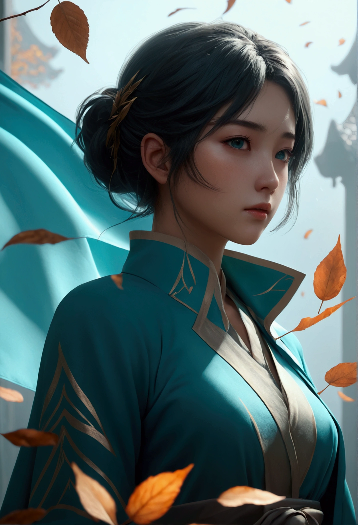 (High detail:1.2)anime girl,(cinematic lighting,delicate colors),(Leaves falling:1.2), Quiet lighting, wind, fog. turquoise, delta shadows. flag of discord