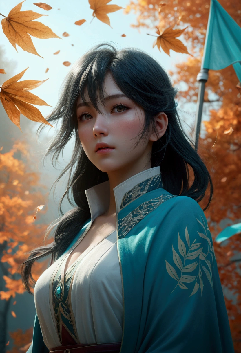 (High detail:1.2)anime girl,(cinematic lighting,delicate colors),(Leaves falling:1.2), Quiet lighting, wind, fog. turquoise, delta shadows. flag of discord  