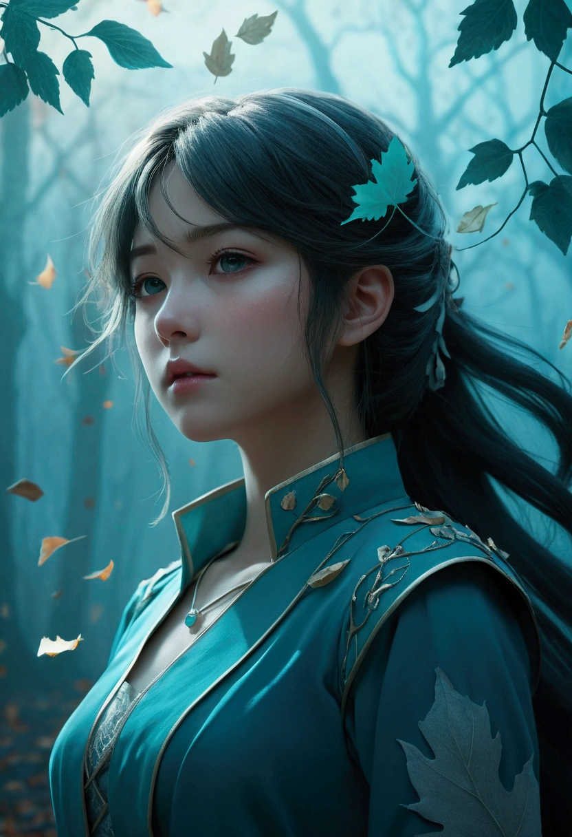 (High detail:1.2)anime girl,(cinematic lighting,delicate colors),(Leaves falling:1.2), Quiet lighting, wind, fog. turquoise, delta shadows. flag of discord  