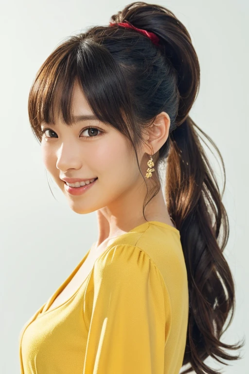 (1 girl, (Wearing a Yellow stage costume:1.25), Very beautiful Japanese idol portraits,
(RAW Photos, highest quality), (Realistic, Realistic:1.4), (masterpiece),
Very delicate and beautiful, Very detailed, 2k wallpaper, wonderful, finely, Very detailed CG Unity 8K Wallpaper, Very detailed, High resolution, Soft Light,
Beautiful detailed girl, Very detailed eyes, Beautiful & sophisticated nose, dimples, Cinema Lighting, bokeh,
(Simple light color background:1.3),
(ponytail), (bangs),
Complete Anatomy, Slender body, Small breasts, kind smile, SFW)