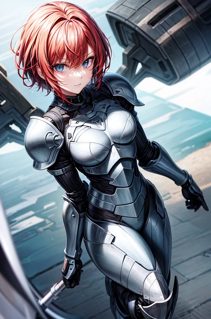 redhead girl with short hair light blue eyes wearing metal armor