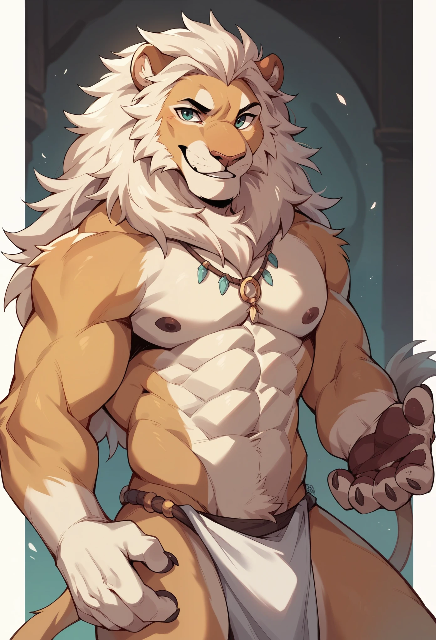 Anthropomorphic lion,character setting,Dark color scheme,The face is more human-like,Smile,White loincloth,Convex