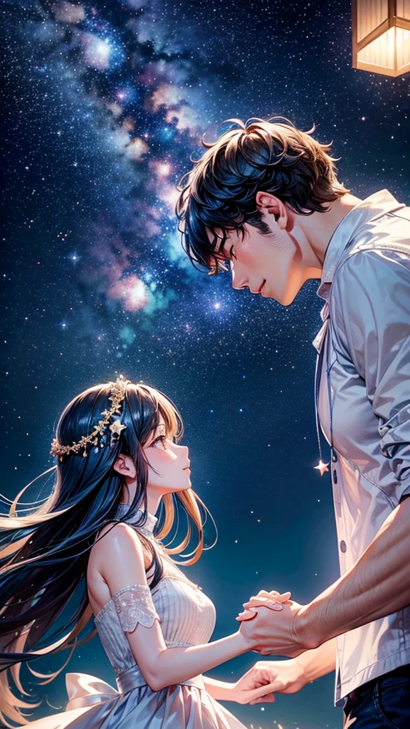 The beautiful starry sky at night looks more and more bright. A man and a woman look up at the stars and hold hands.