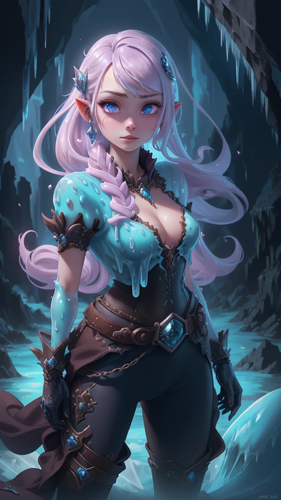 (best quality), ((masterpiece)), (highres), illustration, original, extremely detailed,1girl,( long hair:1.4) , solo, (kula diamond:1.4) , (ice:1.4) , purple eyes, breasts, gloves, hand on hip, belt, lips, ,(Fondo de ruinas de mazmorra en ruinas:1.4 ),( pose vaquero :1.4),( iluminación cinematográfica :1.4), (anatomía perfecta detallado :V2.1), Epic Fantasy Art Style HD, 4K fantasy art, epic fantasy digital art style, epic fantasy art style, Fantasy Woman, epic fantasy art portrait, Epic fantasy style, hyperrealistic fantasy art, hd fantasy art, Epic fantasy character art, epic fantasy art, in style of dark fantasy art, epic fantasy digital art,( face detailed :1.4), (ice cream cueva caverna slime :1.4) 