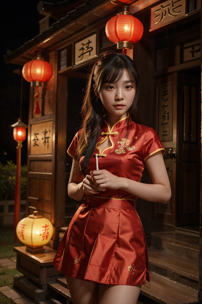 Beautiful chinese girl, 18 years old, wear traditional chinese dress, bring lantern with stick, red short skirt, photo realistic