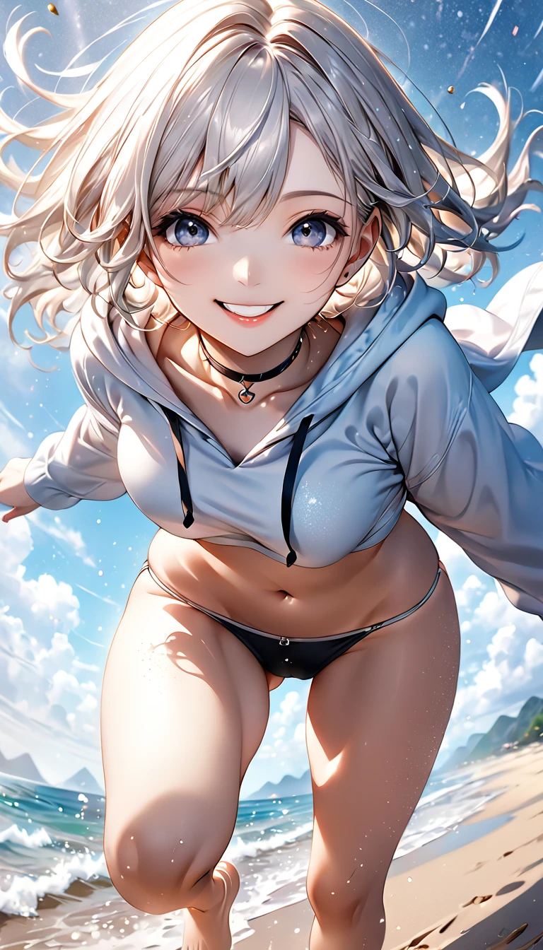 from below, cute woman, amorous and lewd face, smiling, make-up, beautiful messy white wavy hair, great proportion, wearing bikini, loose hoodie, choker, jumping and running, (ultra detailed, absolutely resolution, best quality:1.3), 2.5D, delicate and dynamic, hyper realistic, artistic photography, graphic CG digital art, shading effects, glitter effects, foggy effects, sunlight effects, background sandy beach, sunny