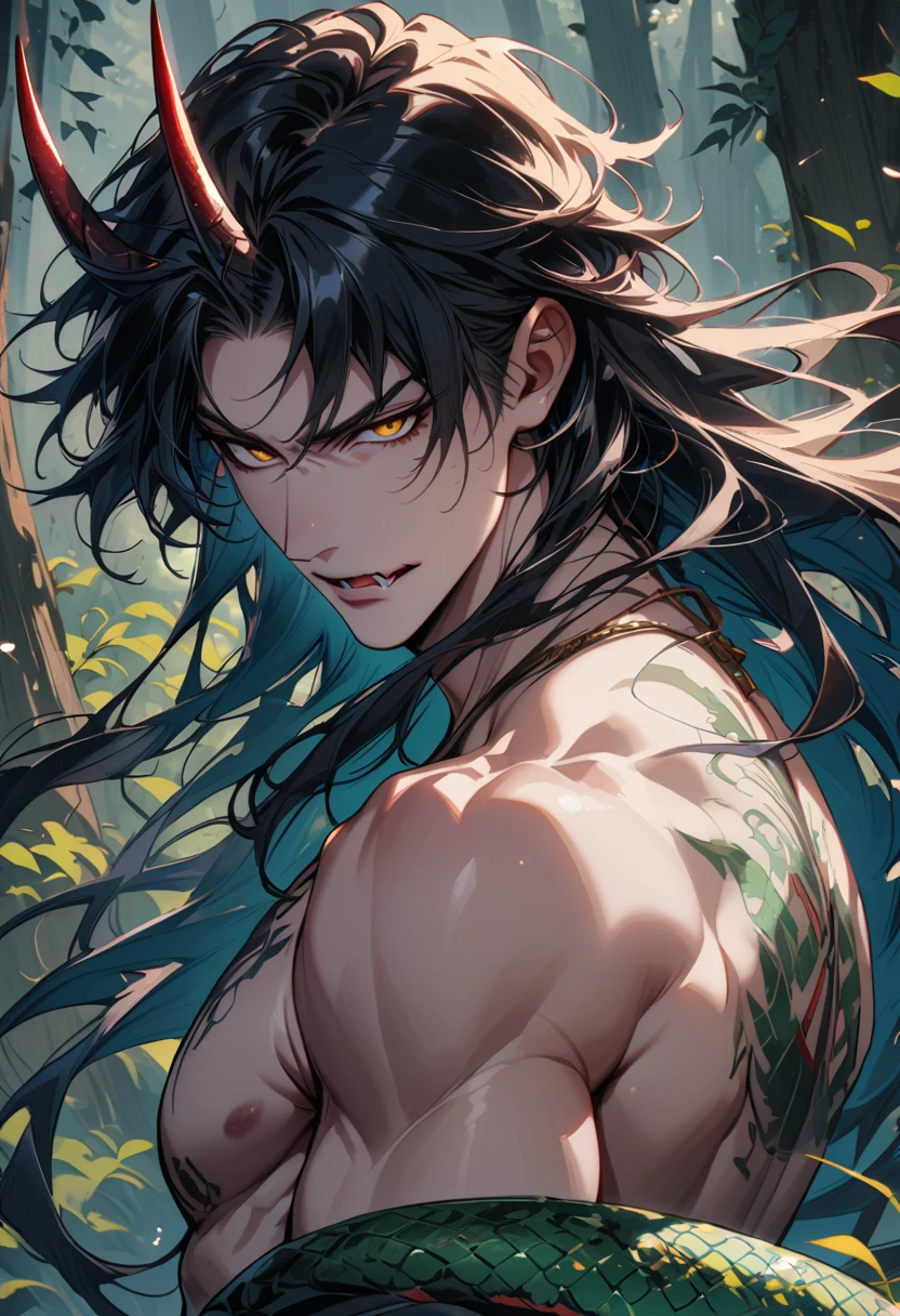 1man, bishonen, adult, handsome, male, solo, sneaky, oni horns, horns, snake from the waist down, lamia, naga, loose hair, (long black hair), flowing hair, (yellow eyes), yokai, shirtless, waist-up, light skin, pale skin, sinister smirk, muscular, (sharp fangs), (tribal tattoo:1.0), (background in forest), cinematic angle, masterpiece, forest, leaves, lush, best quality, high resolution, ultra-detailed, handsome, mullet