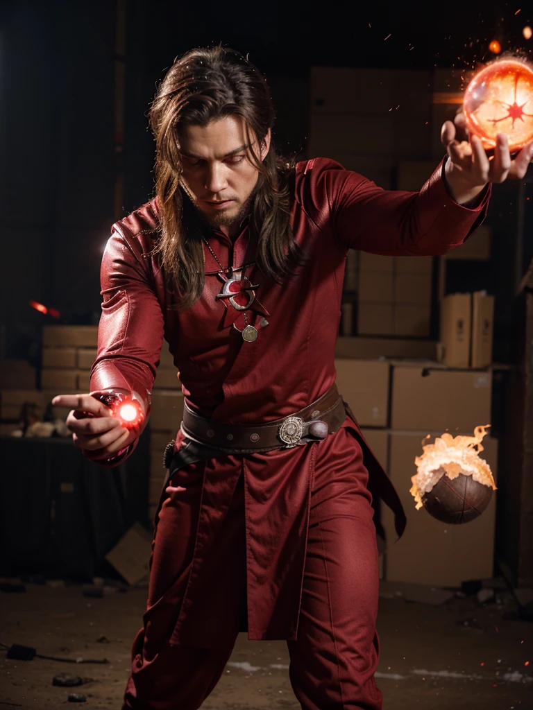 Create a man who looks like Scarlet Witch, your powers are intense red, similar to fire and blood, he through his hands is launching a ball of his red power towards an ice mage.