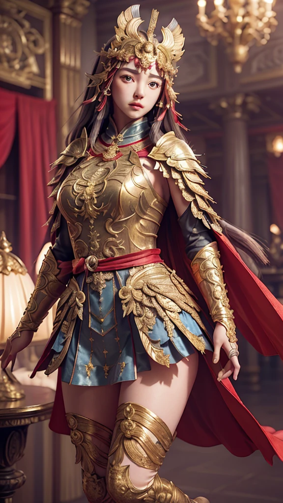 ((masterpiece))), (((Highest quality))), ((Very detailed)), (Surreal), (Highly detailed CG illustrations), Cinematic Light, Realistic ,Very beautiful young woman, light makeup, Large Breasts, Complex and detailed airbag, Red Cape, sword
