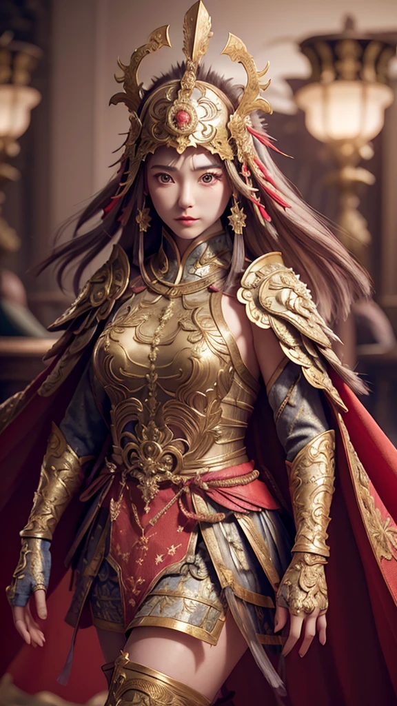 ((masterpiece))), (((Highest quality))), ((Very detailed)), (Surreal), (Highly detailed CG illustrations), Cinematic Light, Realistic ,Very beautiful young woman, light makeup, Large Breasts, Complex and detailed airbag, Red Cape, sword