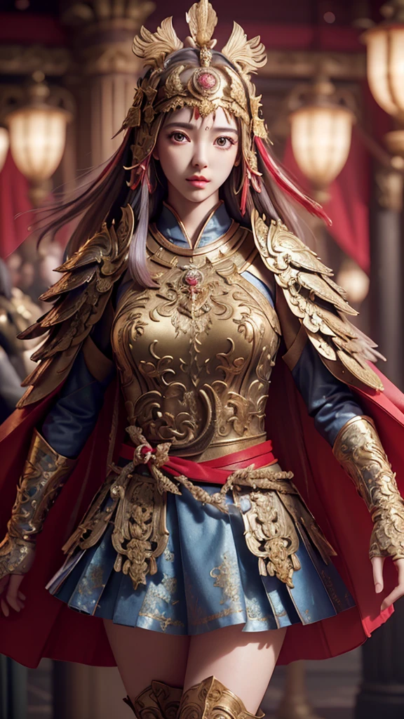 ((masterpiece))), (((Highest quality))), ((Very detailed)), (Surreal), (Highly detailed CG illustrations), Cinematic Light, Realistic ,Very beautiful young woman, light makeup, Large Breasts,  Complex and detailed airbag, Red Cape, sword