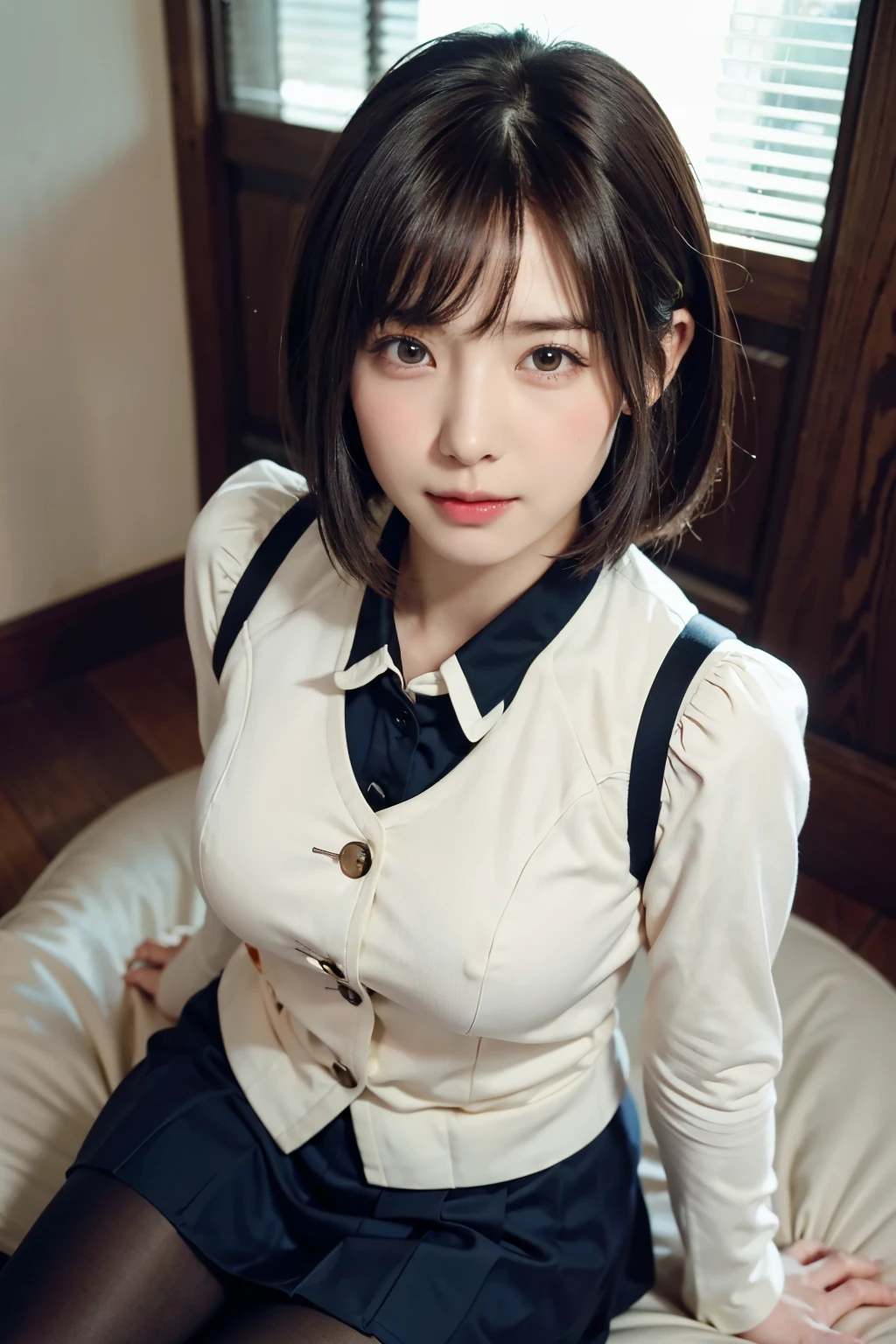 (Highest quality、Highest quality、Masterpiece、Everything is beautifully detailed、Real Stick:1.4)、(photo shoot、:1.4)、((Shooting with a camera from above、Respect、Looking into the camera、Camera view from above、Take a photo from above))、Beautiful detailed girl、Very detailed目と顔、Beautiful and fine details、Ridiculous、信じられないほどRidiculous、Ultra-detailed、High resolution、Very detailed、Highest quality、 Masseter muscle area、((Japanese high school girls uniform))、Very detailed、grow、In detail、Masseter muscle area、、Highest quality、Light on the face、Light、18 year old girl、((Dynamic Pose)))、(Camel Toe)、(pantyhose)、(Sit with your knees bent))、前髪のあるshort hair、short hair、Long neck、Listen carefully、big eye、Eyelashes、cute、とてもcute、{huge|big|hugeな|Mega} chest:2, chestの谷間:2