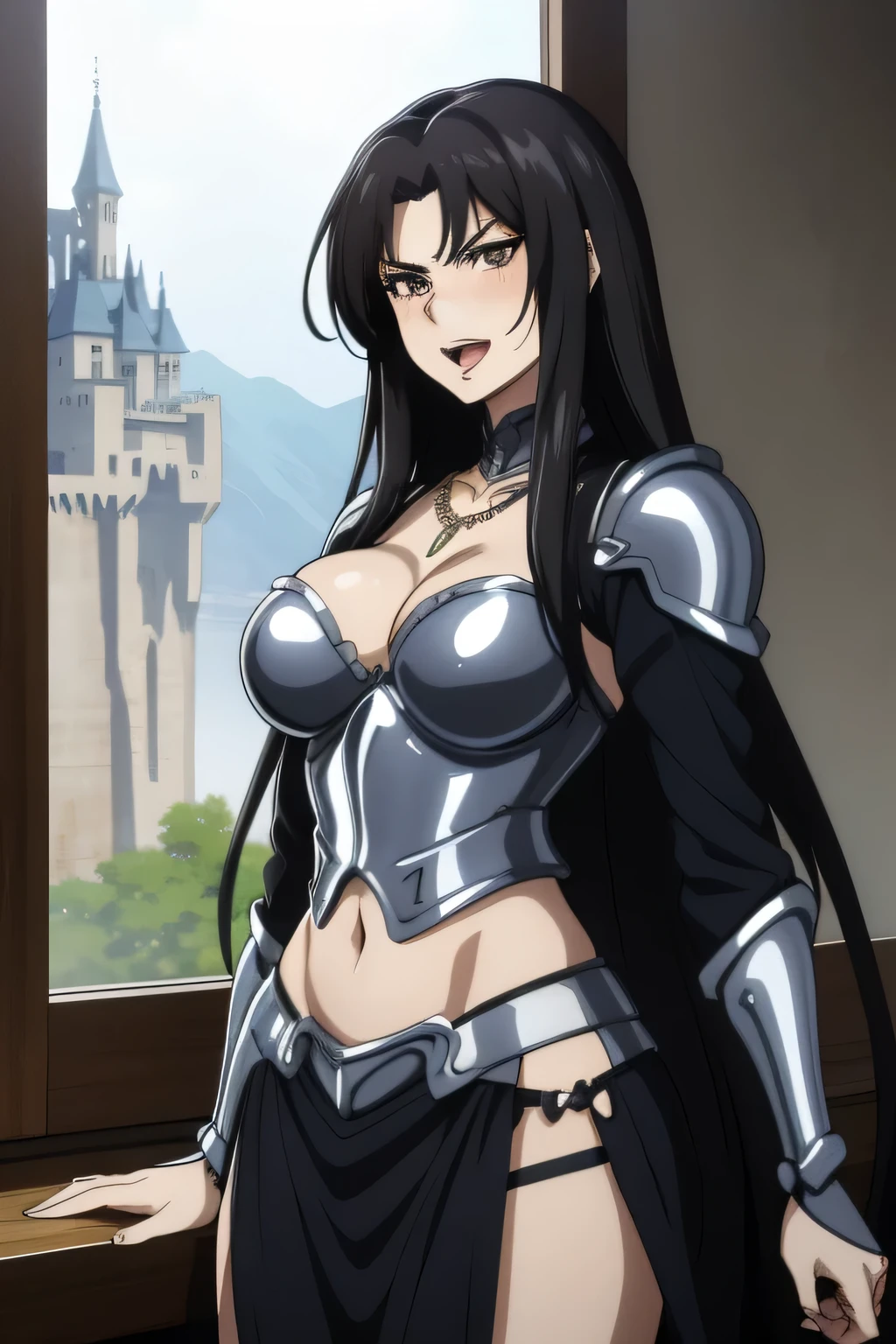 Pandora Saint Seiya, 1girl, dark brown eyes, black hair, necklace, long hair, black collar, blush, lipstick, long hair, crazy eyes ,Hot girl, baddie, staring, glaring, bad attitude, mean girl, crazy,  sensual, attractive, masterpiece, best quality, highly detailed, fantasy , a anime girls in armored dress holding a sword
posing for a picture, evil smile, smile, open mouth, breastplate with open cleavage, cleavage, warrior
outfit, ecchi anime style, anime girls, ecchi style, (nsfw) not safe for work, ecchi, digital anime art!!, in
anime style, official artwork, visual novel cg, beautiful anime girl, anime style 4 k , loincloth, exposed
belly, exposed navel, exposed midriff, exposed lower belly, pencil skirt armored, castle,inside castle