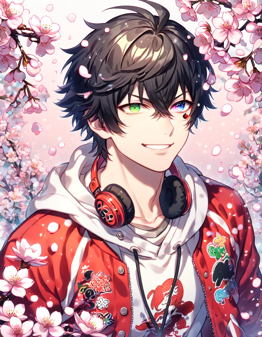 Ultra detailed, HDR, Highres, absurdres, master piece, Yamada Ichiro, black hair, heterochromia, expressive red left eye, green right eye, mole under his eye, red varsity jacket, white hoodie, red headphone around his neck, Hypnosis Mic, sexy man, handsome, cherry, flowers, blossoms, fantasy, magical, pink leaves, snowing, handsome, sensual, best quality, glittering, solo, handsome smile,