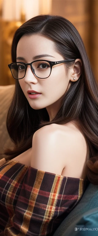 Perfect composition golden ratio,masterpiece,best quality,4K,Clear focus.Better Hands,Perfect anatomical structure,((masterpiece)), ((best quality)), 8K, HD, Super Detail, (Miss), (Huge Breasts),programmer,Plaid shirt,Button open,Hollow,computer,hairline,Glasses(Lying on the sofa1.6) (Full body display 1.4) 这件艺术品堪称masterpiece, With the best quality and high detail, captured in 8K HD. Photographic,