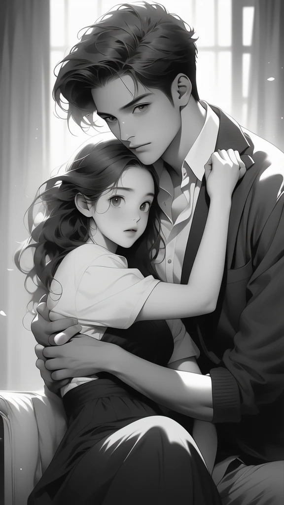 a black and white photograph of a man holding a woman's arm, monochrome, greyscale, 1boy, hug