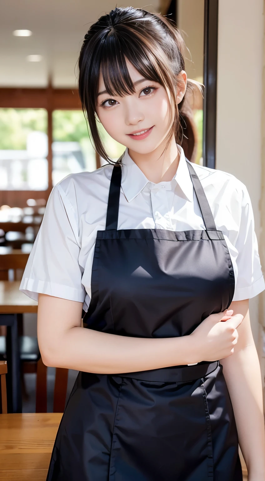 (Highest quality,masterpiece:1.3,Ultra-high resolution,),(Very detailed,Caustics),(Realistic:1.4,RAW shooting,)Ultra-Realistic Capture,Very detailed,High resolution 16K human skin closeup。 Natural skin texture、,pores、、、、It must be detailed enough to be easily identifiable。 Skin tone is even and healthy looking。 Use natural light and colour,restaurant,Waitress Uniform,1 girl,Japanese,18-year-old,cute,Black-haired,ponytail,Big Breasts,smile,Turn your body forward,(Front view:1.1),Looking into the camera,Cowboy Shot,