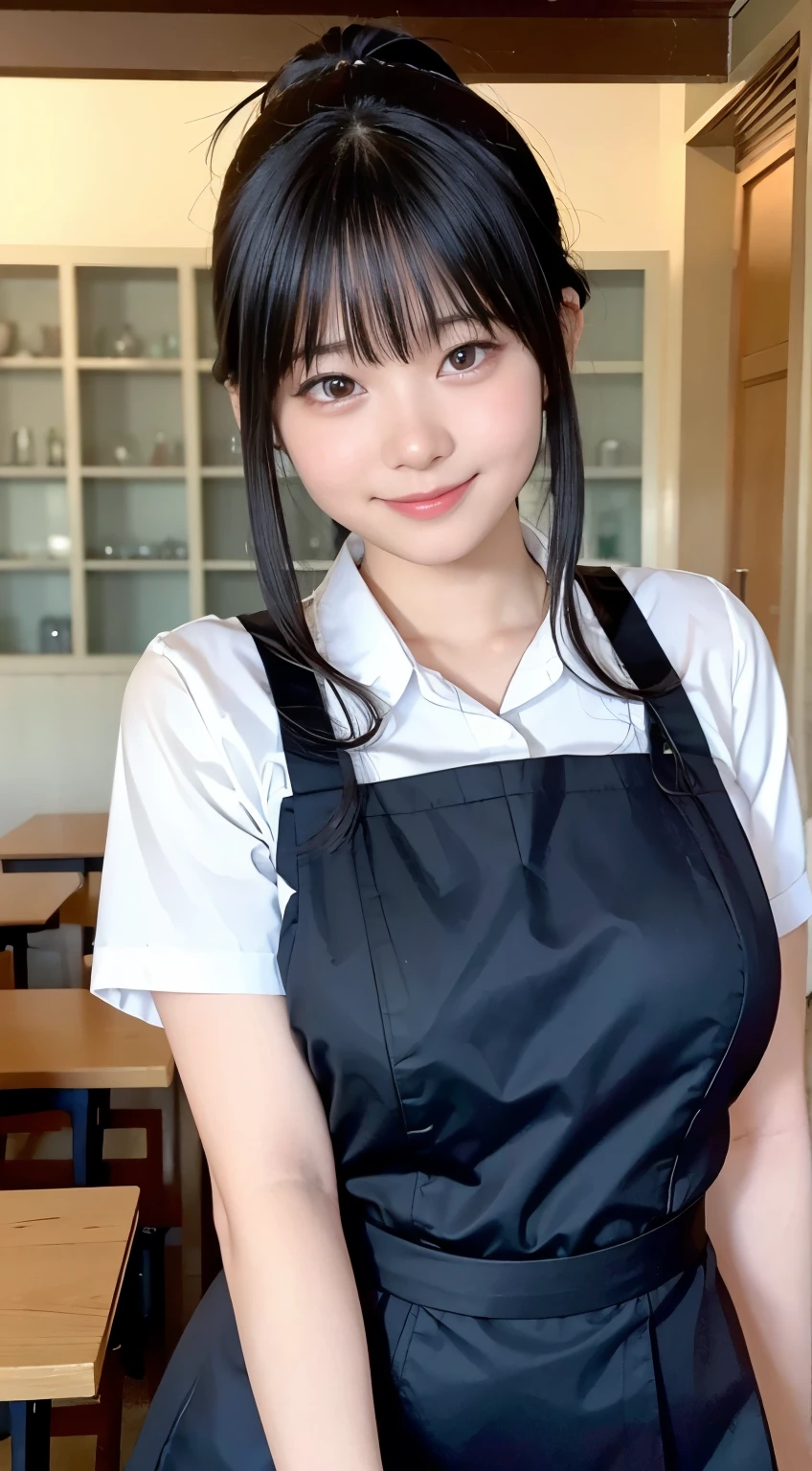 (Highest quality,masterpiece:1.3,Ultra-high resolution,),(Very detailed,Caustics),(Realistic:1.4,RAW shooting,)Ultra-Realistic Capture,Very detailed,High resolution 16K human skin closeup。 Natural skin texture、,pores、、、、It must be detailed enough to be easily identifiable。 Skin tone is even and healthy looking。 Use natural light and colour,restaurant,Waitress Uniform,1 girl,Japanese,18-year-old,cute,Black-haired,ponytail,Big Breasts,smile,Turn your body forward,(Front view:1.1),Looking into the camera,Cowboy Shot,