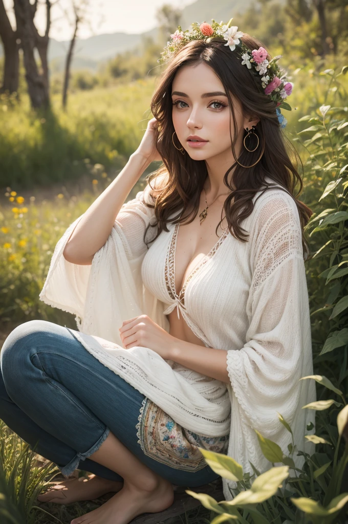 8k, highest quallity, ultra details, Euro-American woman, Youngh, realisitic, modern days, bohemian style, nature background, peaceful atmosphere, lora_mother