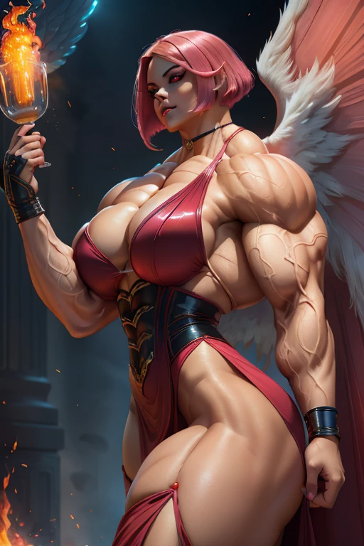 (Close-up), tall, (shocking pink hair) beautiful muscular woman, angled bob cut, light brown skinned, closed smile, (black lipstick), ((massive muscles)), (hyper muscle), ((ginormous bulky muscles)), ((glowing red eyes)), (sparkling pink cheongsam dress, long skirt), (giant angel wings), gauntlets, choker, thigh high boots, (carrying fire in the Sky)