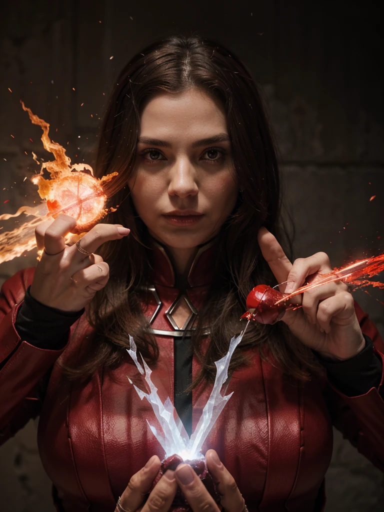 Create a man who looks like Scarlet Witch, your powers are intense red, similar to fire and blood, he through his hands is launching his red power towards an ice mage.