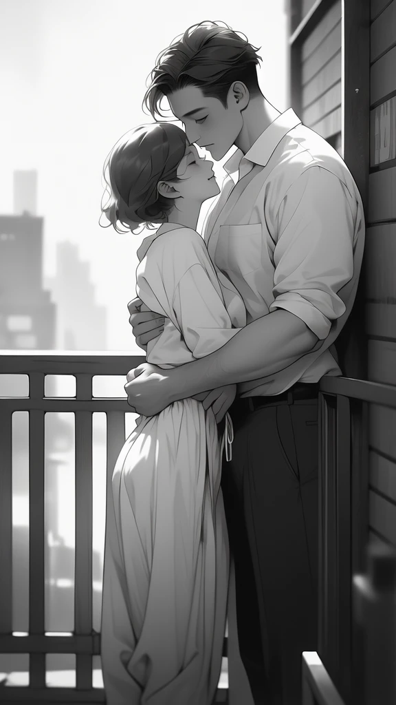 a man that is hugging a person while standing by a railing building, monochrome, greyscale, 1boy, hug