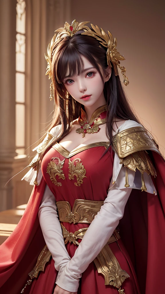 ((masterpiece))), (((Highest quality))), ((Very detailed)), (Surreal), (Highly detailed CG illustrations), Cinematic Light, Realistic ,Very beautiful young woman, light makeup, Large Breasts,  Complex and detailed airbag, Red Cape, sword